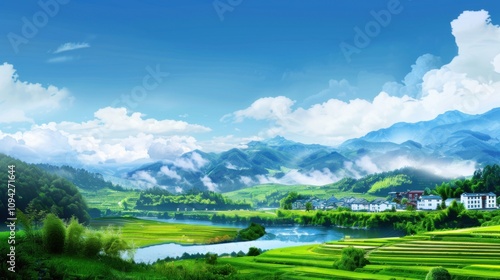 Cartoon Idyll: A Visual Symphony of Blue Skies, Green Fields, and White Houses Amidst Mountains and Rivers