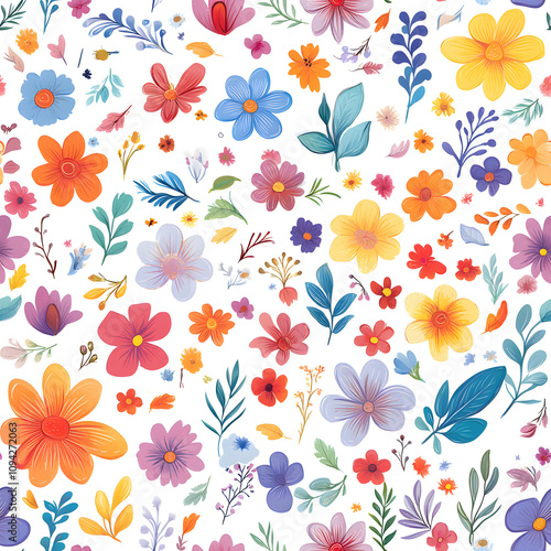 Floral flowers and beautiful colorful leaves wallpaper seamless pattern for interior decoration or background.