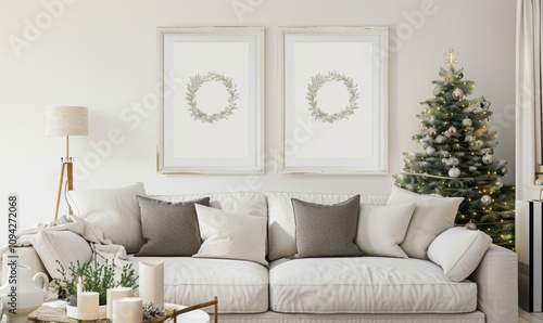 Cozy living room adorned with a New Year's holiday theme, featuring a set of two cartoonish watercolor picture frames above a stylish sofa and a festive Christmas tree nearby photo