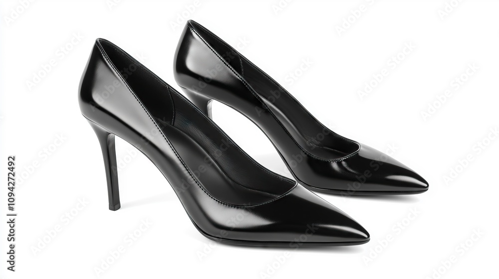Elegant black leather high heels on a white background showcasing classic pointed toe stiletto design for fashion