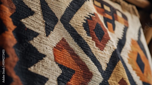 Vibrant, textured Ecuadorian tapestry with geometric patterns in a market stall