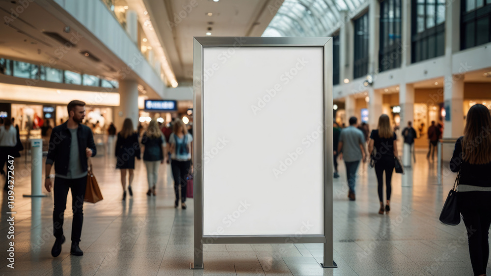 Blank white mockup of a sign in a busy shopping center.Blank promotional pole template to showcase your business or advertisement. Blank white mockup of a sign in a busy shopping center.Blank promotional pole template to showcase your business or advertisement.