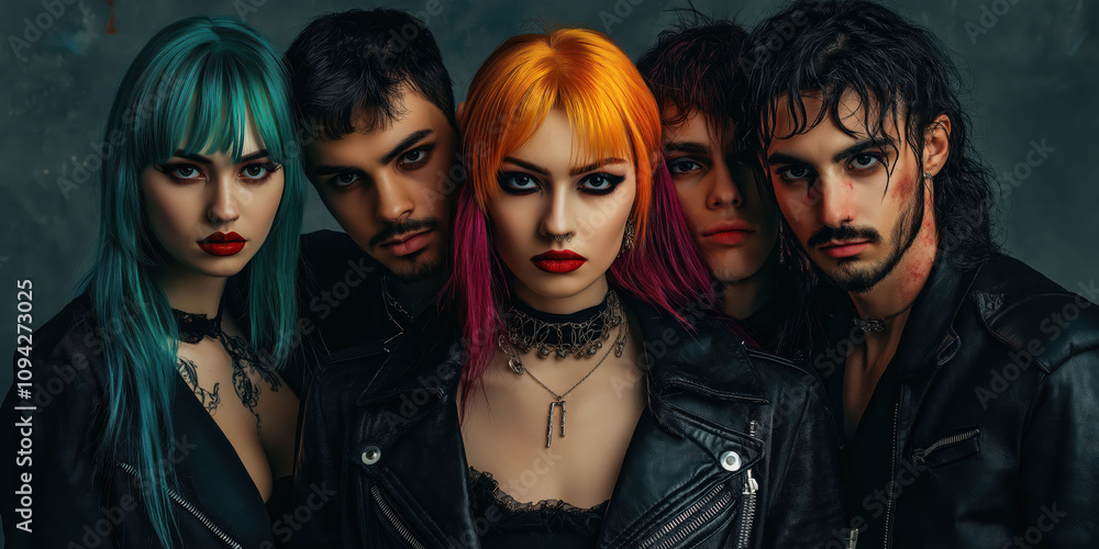 Edgy gothic group in leather jackets with vibrant hair colors and intense expressions Edgy gothic group in leather jackets with vibrant hair colors and intense expressions