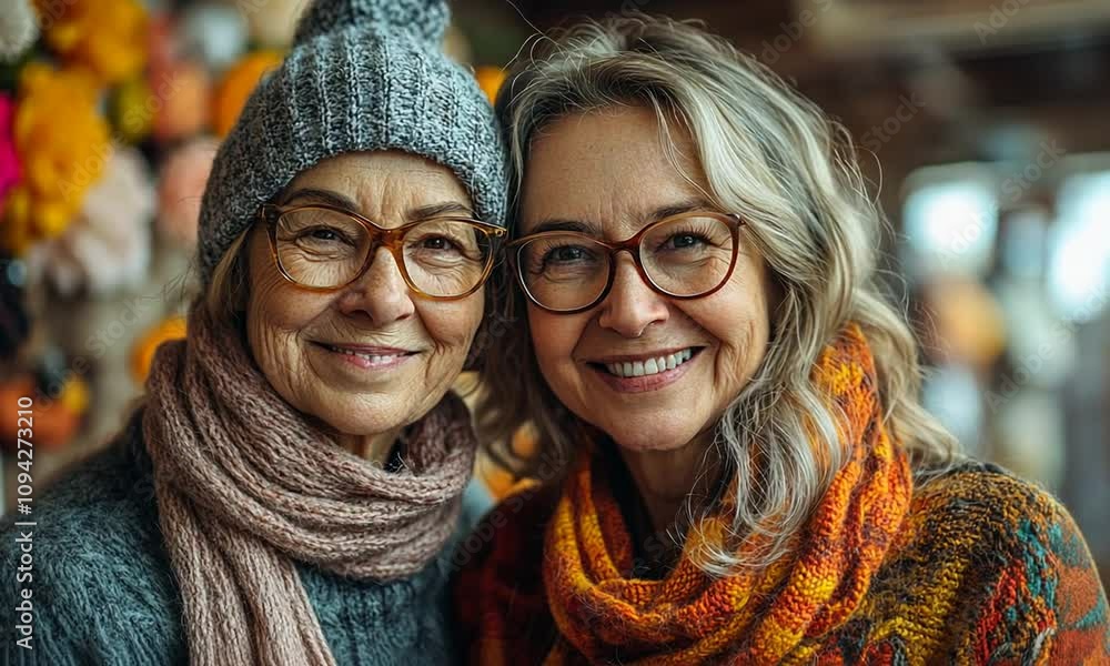 Two smiling older women wearing cozy scarves and hats together. Two smiling older women wearing cozy scarves and hats together.