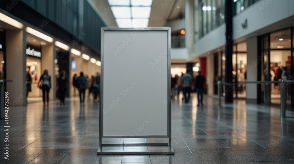 Blank white mockup of a sign in a busy shopping center.Blank promotional pole template to showcase your business or advertisement. Blank white mockup of a sign in a busy shopping center.Blank promotional pole template to showcase your business or advertisement.