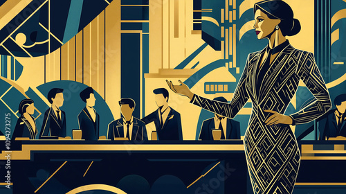 A confident female executive in a geometric-patterned suit addresses her team in a lavish office setting, blending 1920s art deco aesthetics with contemporary design elements