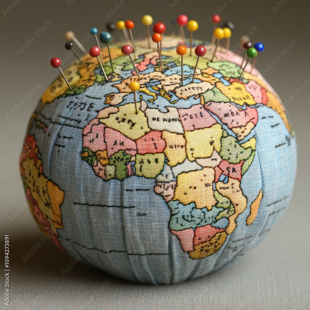A globe made of fabric with colorful pins, symbolizing travel and exploration. A globe made of fabric with colorful pins, symbolizing travel and exploration.
