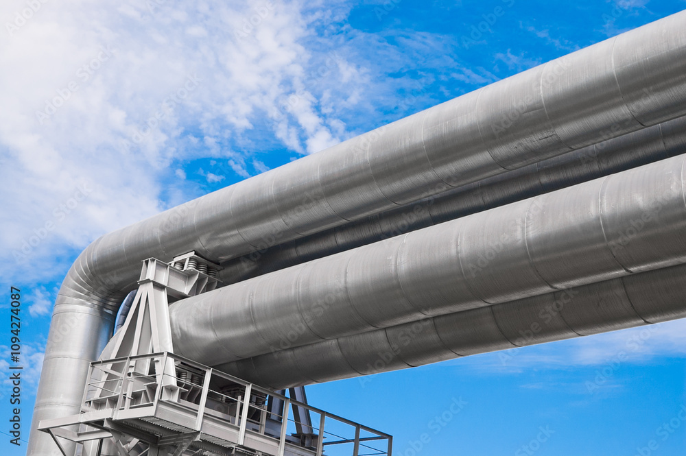 The photo shows pipeline lines against the backdrop of blue sky and clouds The photo shows pipeline lines against the backdrop of blue sky and clouds