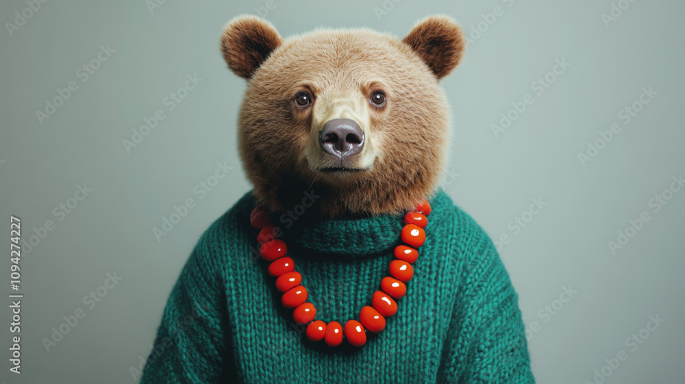 A brown bear in a green sweater and a red necklace A brown bear in a green sweater and a red necklace