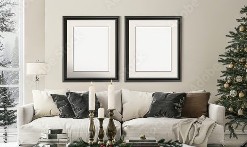 A cozy living room adorned for the New Year's holiday showcases two elegant picture frames photo