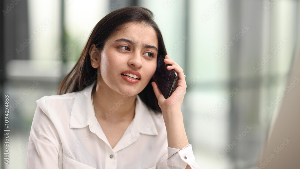 Portrait of young business woman with glasses ofand talking on mobile phone Portrait of young business woman with glasses ofand talking on mobile phone