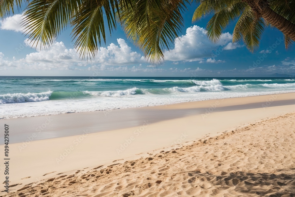 Pristine Sandy Beach with Gentle Ocean Waves and Bright Tropical Sunshine Pristine Sandy Beach with Gentle Ocean Waves and Bright Tropical Sunshine