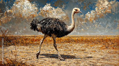 Oil paint illustration of an african ostrich running through the savanna photo