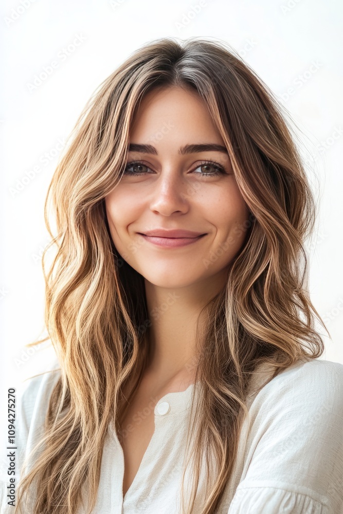 35 year old woman is smiling, tidy, solid clear white background 35 year old woman is smiling, tidy, solid clear white background