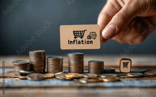 Hand Placing Wooden Inflation Cube on Coins for Financial Strategies and Economic Considerations