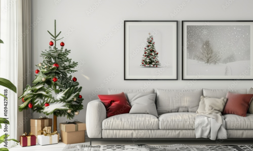 Decorated living room showcases a cozy couch and a vibrant Christmas tree. Two framed artworks enhance the festive atmosphere, inviting warmth and joy for the New Year39;s holiday Decorated living room showcases a cozy couch and a vibrant Christmas tree. Two framed artworks enhance the festive atmosphere, inviting warmth and joy for the New Year39;s holiday