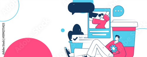 Virtual characters social communication concept business flat vector hand drawn illustration
