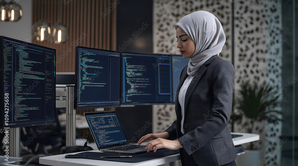 A Middle Eastern woman in a hijab and blazer codes on multiple screens at a sleek desk in a modern office, showcasing her software development skills A Middle Eastern woman in a hijab and blazer codes on multiple screens at a sleek desk in a modern office, showcasing her software development skills