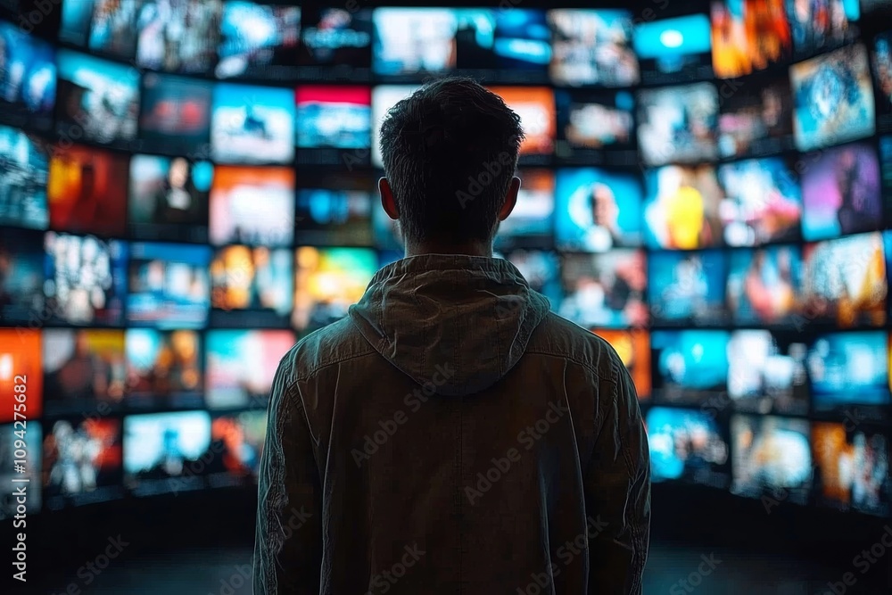 Man Surrounded by Television Screens Illustrating Media Influence and Political Manipulation Man Surrounded by Television Screens Illustrating Media Influence and Political Manipulation