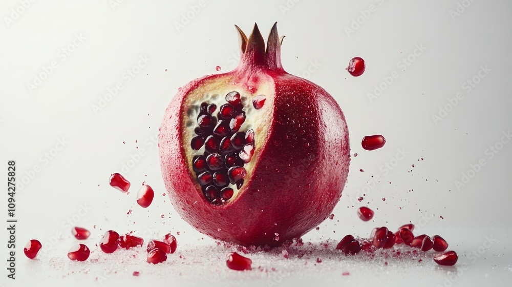 A vibrant red pomegranate, halved, with seeds splashing and scattering against a white background. A vibrant red pomegranate, halved, with seeds splashing and scattering against a white background.