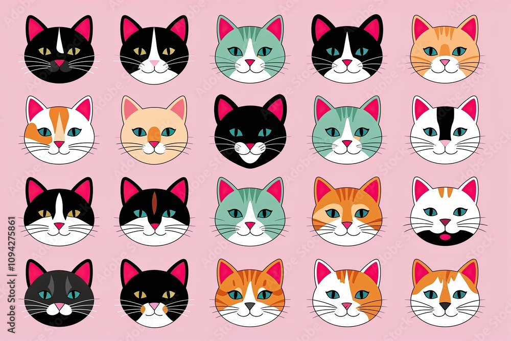 Charming Cat Head Illustrations Adorable Flat Icons of Diverse Feline Breeds in Bright Pastel Colors Charming Cat Head Illustrations Adorable Flat Icons of Diverse Feline Breeds in Bright Pastel Colors