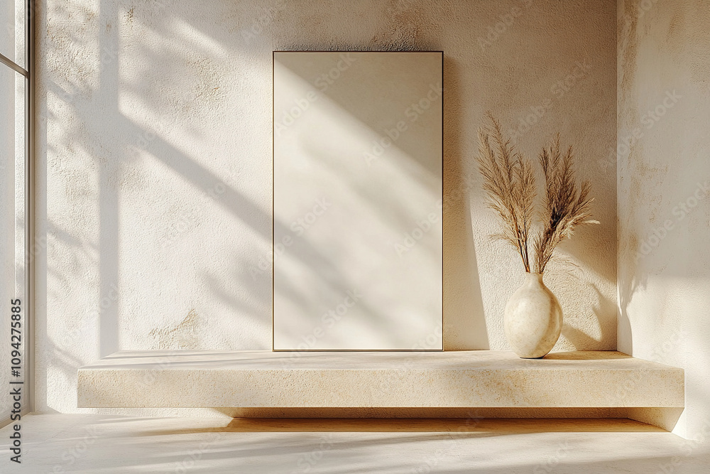 Beige studio background bench, dry bouquet and empty picture on the wall. Brown background of cement wall with concrete floor. Rooms with interior in natural brown shades. Beige studio background bench, dry bouquet and empty picture on the wall. Brown background of cement wall with concrete floor. Rooms with interior in natural brown shades.