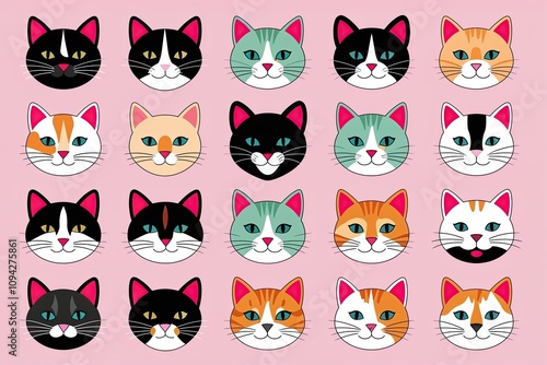 Charming Cat Head Illustrations Adorable Flat Icons of Diverse Feline Breeds in Bright Pastel Colors photo