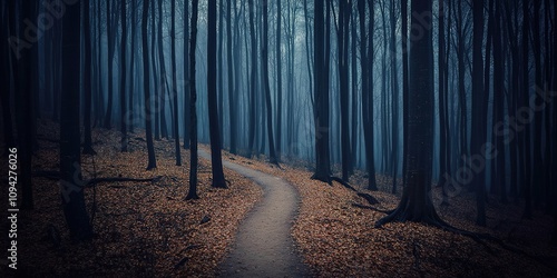 Misty forest path in twilight, enigmatic and serene photo