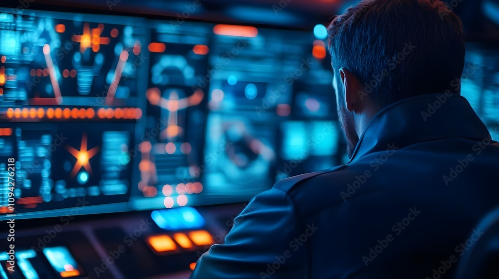 Man Monitoring Futuristic Interface Man Monitoring Futuristic Interface