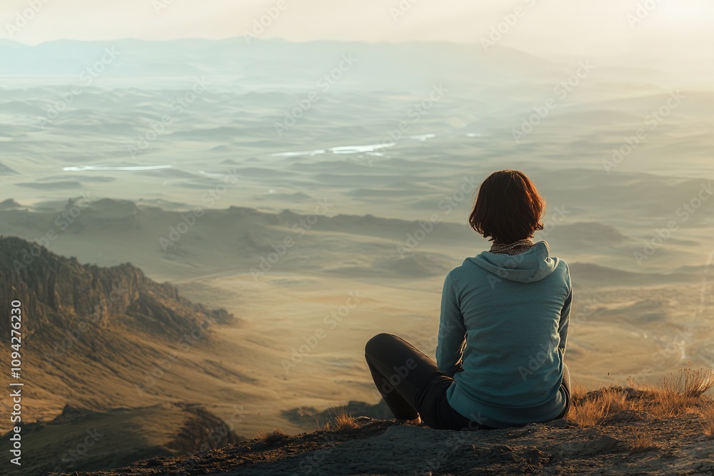 Person meditating on mountain, serene view Person meditating on mountain, serene view