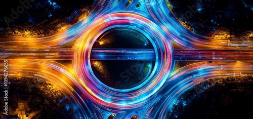 Aerial View of Neon City Nightscape with Vibrant Highways and Traffic Interchange