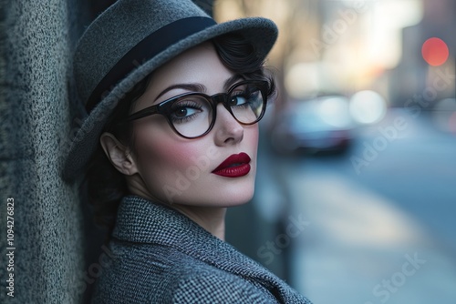 an elegant woman with red lipstick, wearing glasses and a hat, leaning against a wall in front of a street backdrop