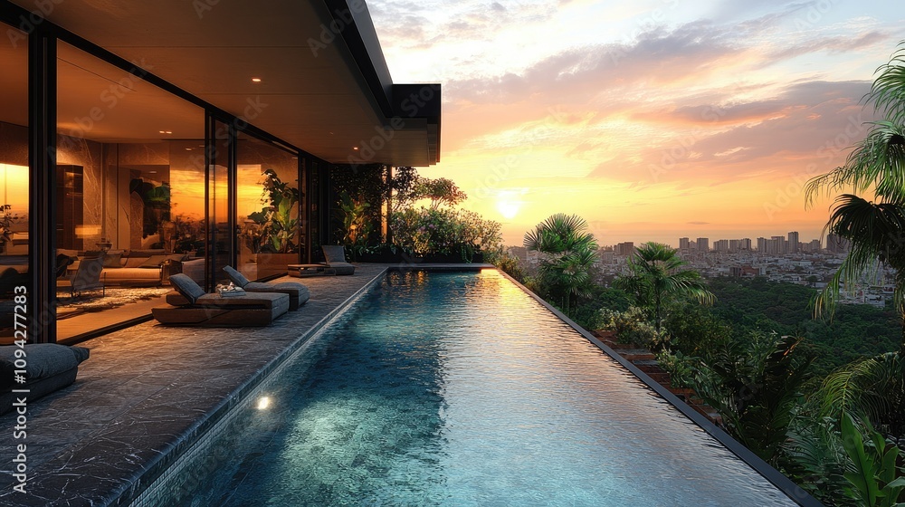 Fototapeta premium A luxurious infinity pool at sunset, overlooking a vibrant cityscape and lush greenery.