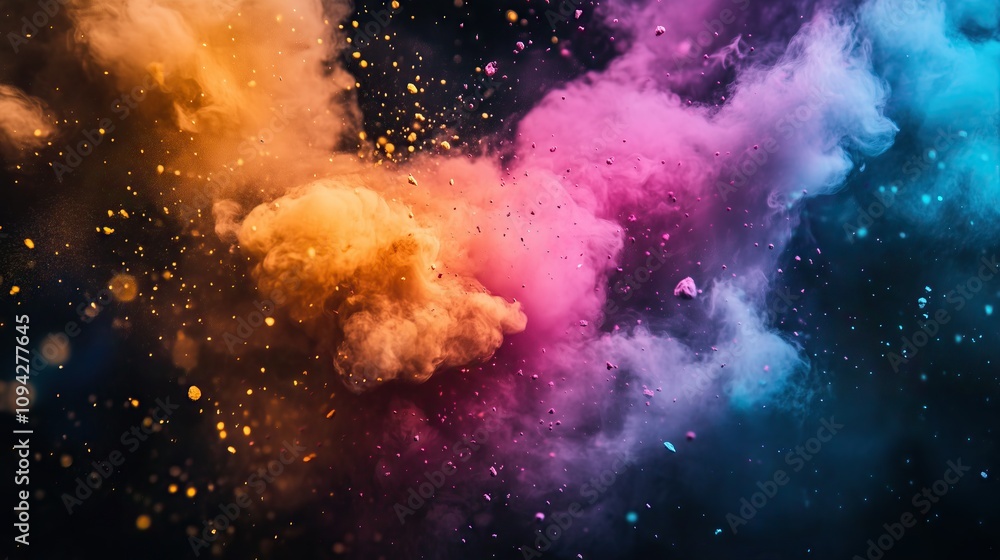 Fototapeta premium Colorful powder exploding on black background creating a dynamic shape