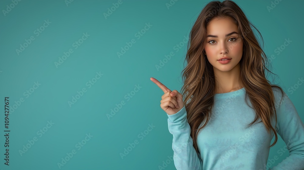 Portrait of a woman pointing towards copies, space and teal background. Portrait of a woman pointing towards copies, space and teal background.
