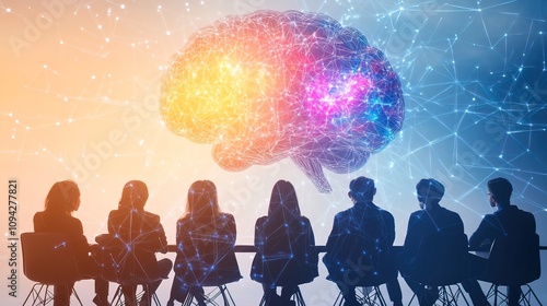 Group of Silhouettes Contemplating a Networked Brain