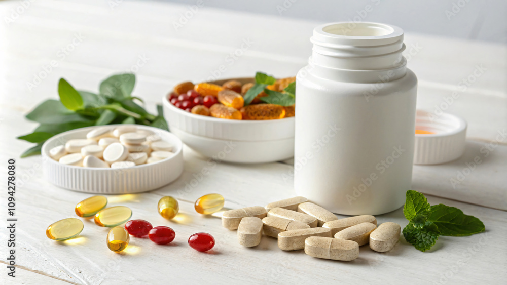 Nutritional supplements and vitamins displayed on wooden table, featuring various capsules and tablets alongside bowl of nuts and herbs. This conveys health and wellness Nutritional supplements and vitamins displayed on wooden table, featuring various capsules and tablets alongside bowl of nuts and herbs. This conveys health and wellness