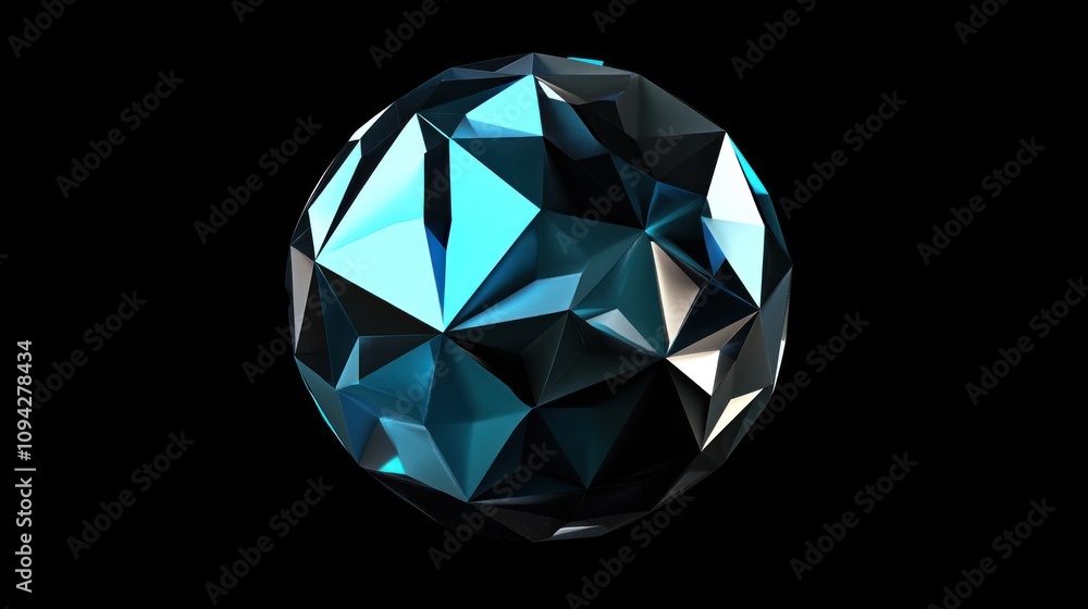 Abstract dark blue metallic sphere with geometric facets on black background. Abstract dark blue metallic sphere with geometric facets on black background.