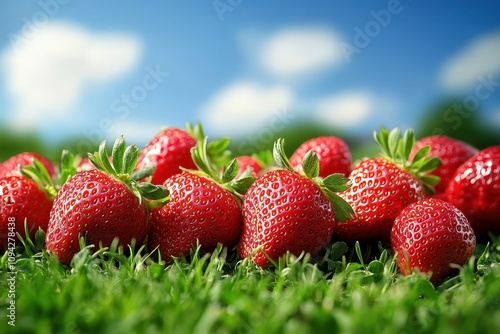 Bright red strawberries lying on lush green grass under a sunny blue sky, symbolizing freshness, summer, and natural produce.