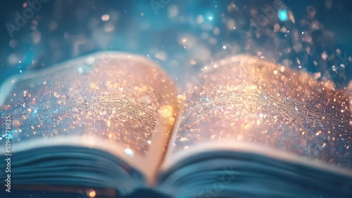 An open book emits sparkling, magical lights in a dreamy atmosphere, suggesting the concept of storytelling, wonder, and imaginative adventures.
