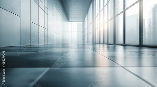 A long empty corridor with large floor-to-ceiling windows , an office building from the inside.