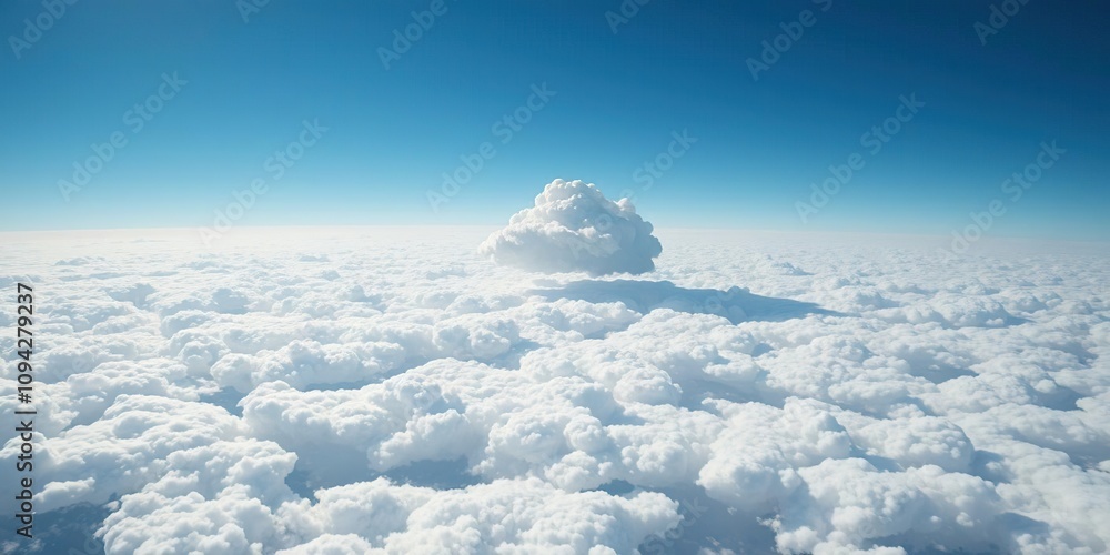 Naklejka premium A lone cloud breaks through the sea of white clouds casting a shadow on the earth below, cloudscape, wispy, driftwood