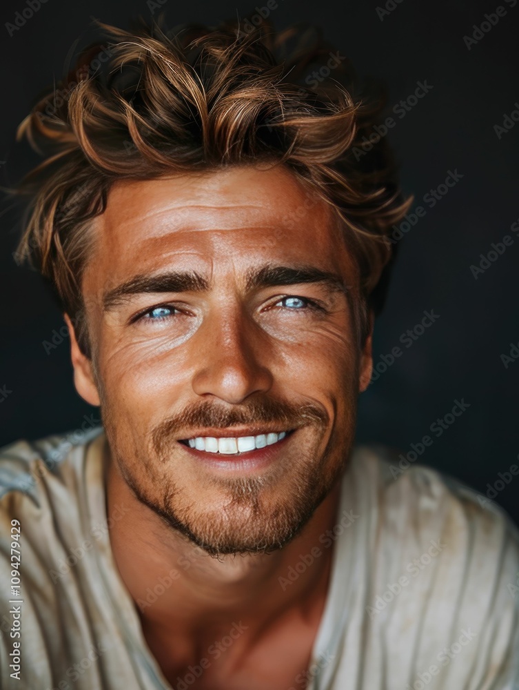 A close-up portrait of a smiling young man showcasing bright blue eyes and tousled hair, radiating warmth and positivity. His casual appearance enhances the approachable and friendly feel of the image A close-up portrait of a smiling young man showcasing bright blue eyes and tousled hair, radiating warmth and positivity. His casual appearance enhances the approachable and friendly feel of the image