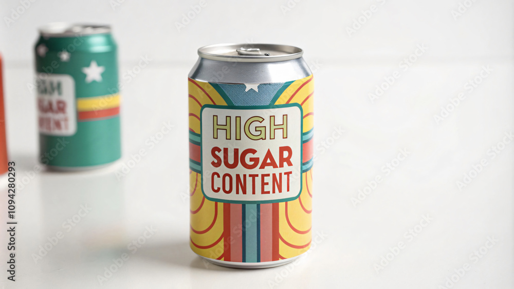 Brightly colored soda can featuring text HIGH SUGAR CONTENT prominently displayed. design includes vibrant patterns and colors, making it eye catching and playful Brightly colored soda can featuring text HIGH SUGAR CONTENT prominently displayed. design includes vibrant patterns and colors, making it eye catching and playful
