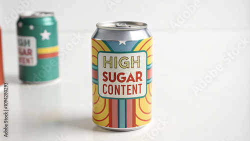 Wallpaper Mural Brightly colored soda can featuring text HIGH SUGAR CONTENT prominently displayed. design includes vibrant patterns and colors, making it eye catching and playful Torontodigital.ca