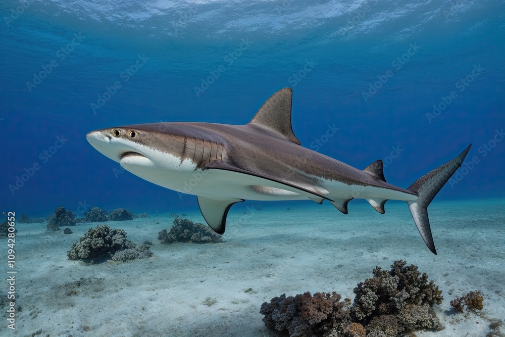 Fototapeta premium Lonely Hammerhead Shark Gliding Through Open Water