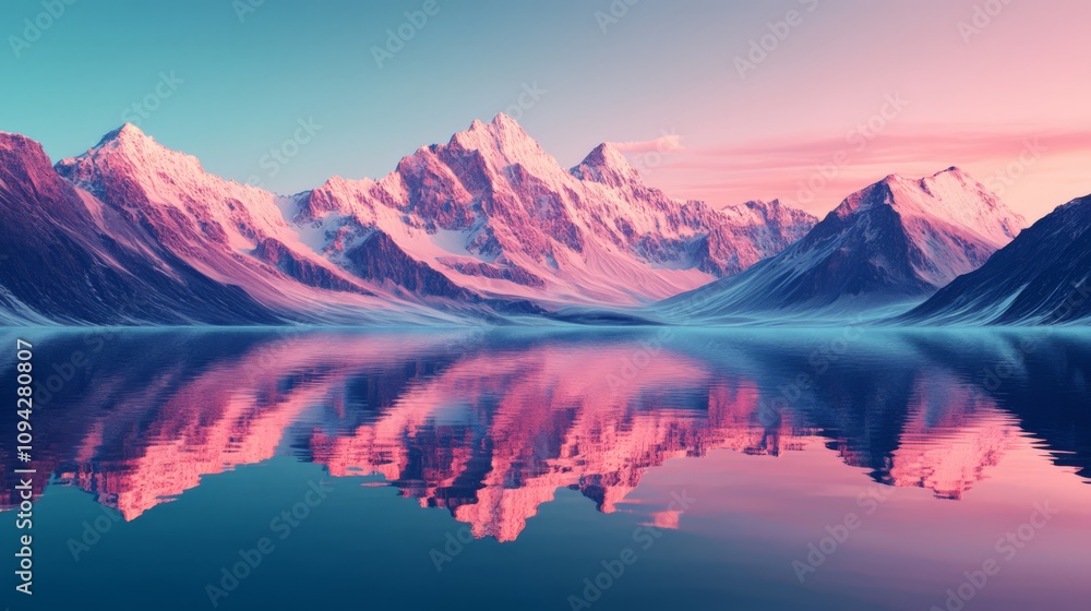 Pink sunrise reflects on serene snow-capped mountains and calm lake. Pink sunrise reflects on serene snow-capped mountains and calm lake.