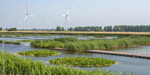 Artificial wetlands with floating turbines and plants, floating turbines, artificial wetlands