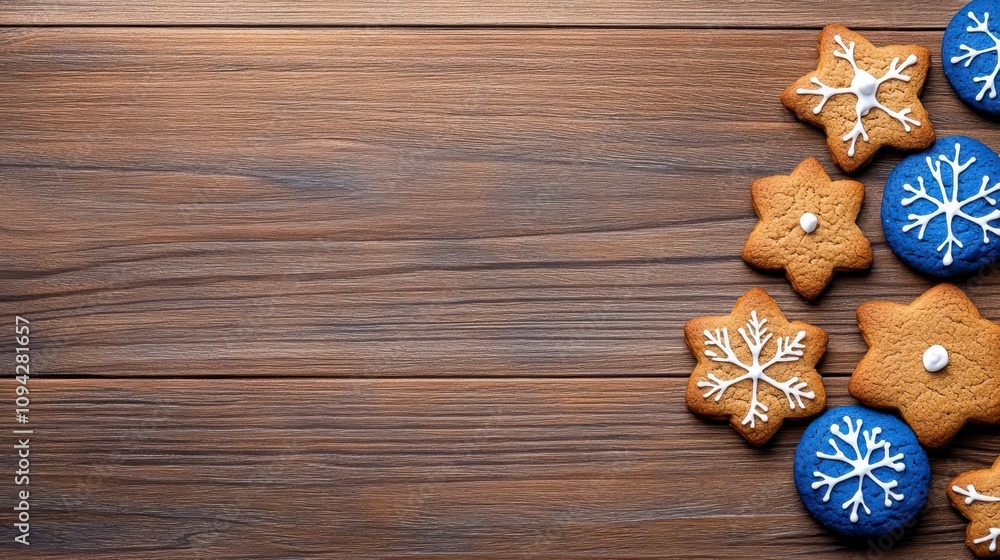 Close-up of decorated gingerbread cookies with blue icing and white snowflake designs, arranged on a rustic wooden table. Close-up of decorated gingerbread cookies with blue icing and white snowflake designs, arranged on a rustic wooden table.