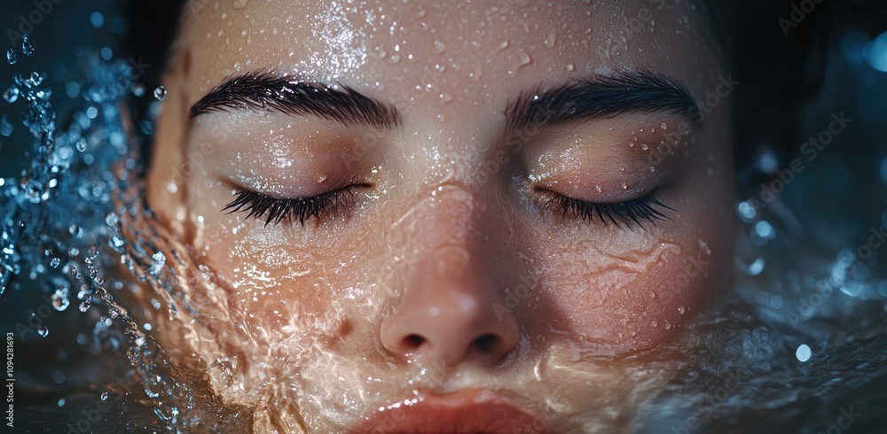 A beautiful woman's face is surrounded by water, with her eyes closed and skin glowing in the light blue background. A beautiful woman's face is surrounded by water, with her eyes closed and skin glowing in the light blue background.